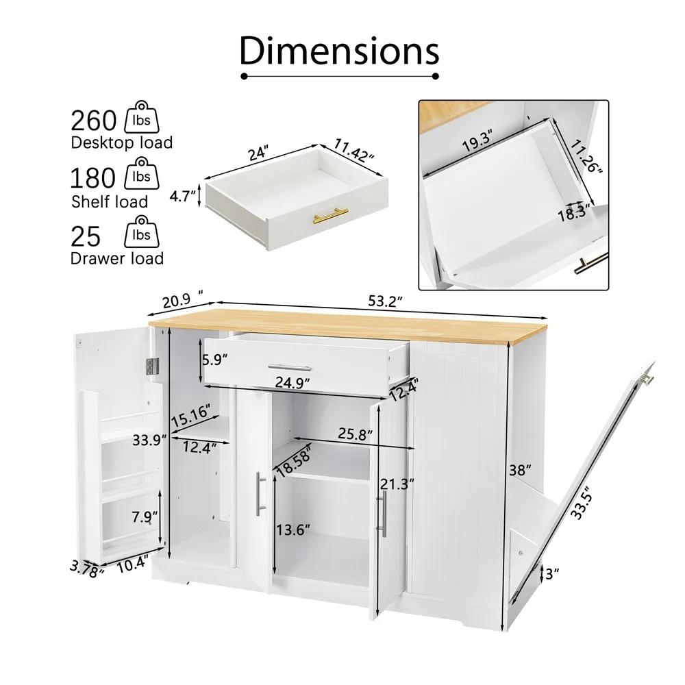 53 Inch Large Kitchen Island with Trash Can Storage Cabinet, Islands Table with Drawer and Adjustable Shelves, Bar Cabinet