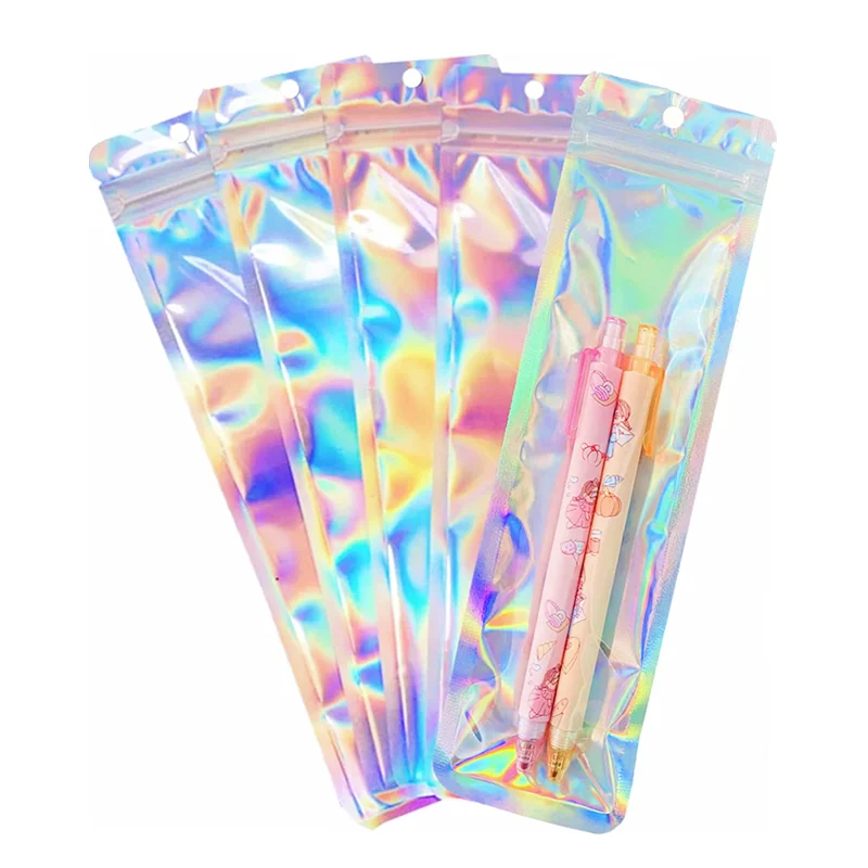 100pcs Holographic Storage Flat Zip Lock Bags Laser Mylar Foil Pouch One Side Clear Reusable Cosmetic Package Bag with Hang Hole