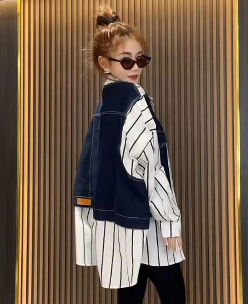 2024 New Korean Version Oversized Denim Jacket Women\'s Fashion Patchwork Striped Denim Jacket Loose Casual Jacket Women\'s Trend