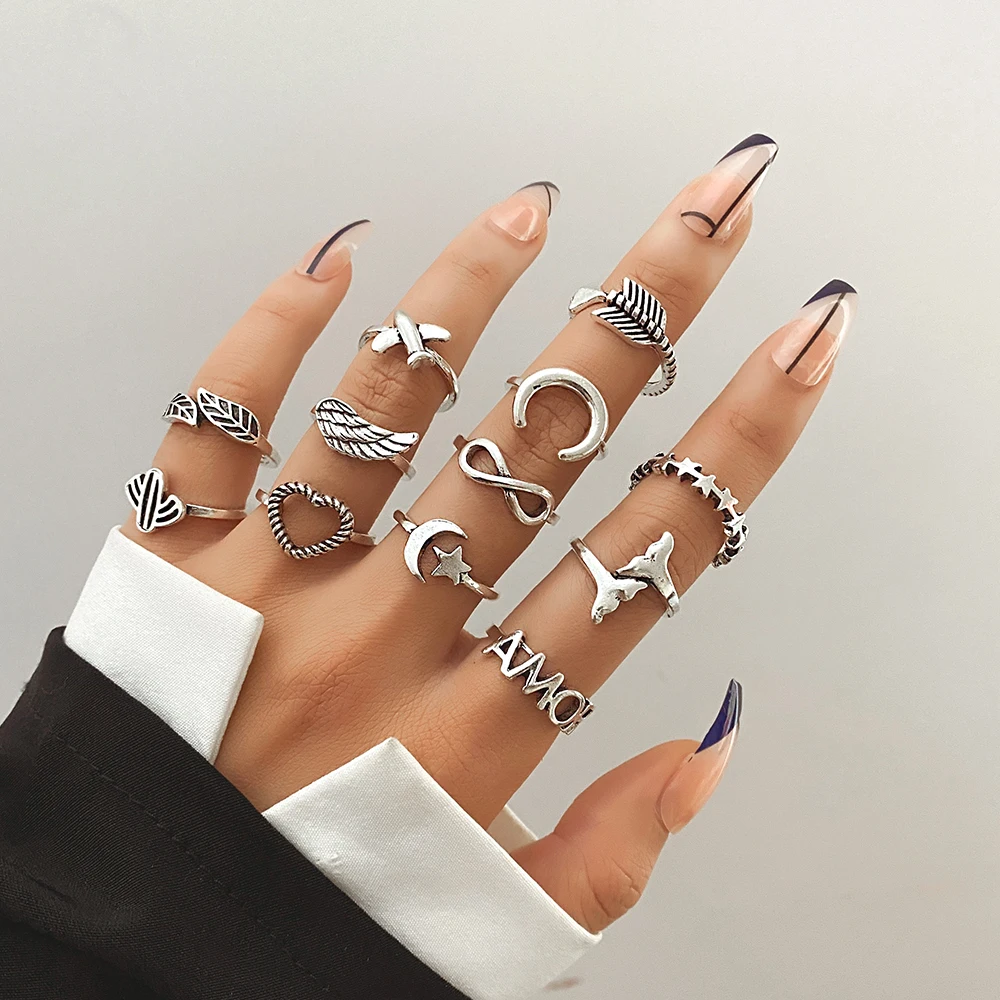 IFME Multiple Styles Trendy Vintage Boho Knuckle Ring Set For Women Crystal Geometric Finger Rings Fashion Bohemian Jewelry