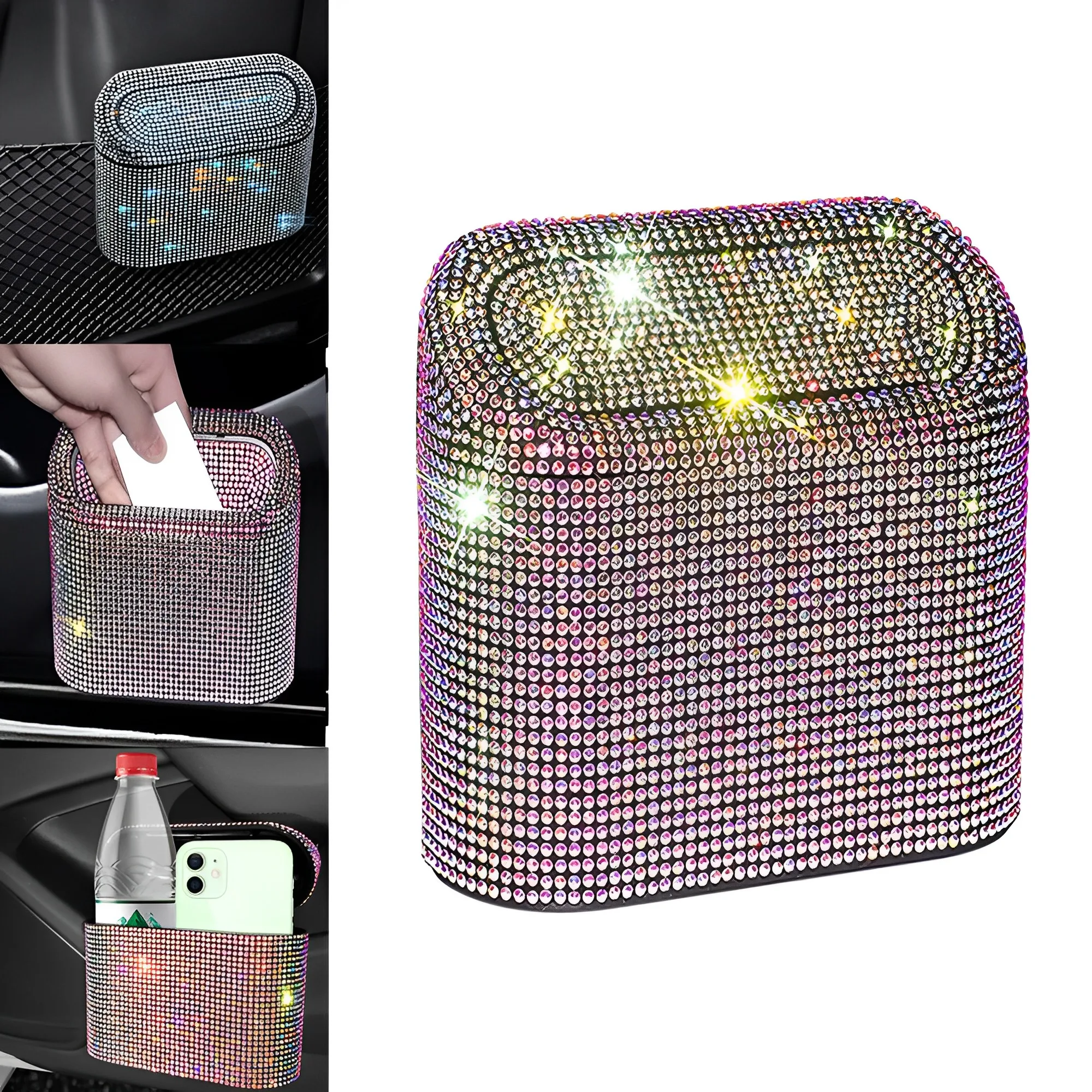 

Diamond Car Trash Can Bin Storage Box Garbage Grabber Bling Rhinestone Interior Accessories Square Pressing Mini Car Trash Bin