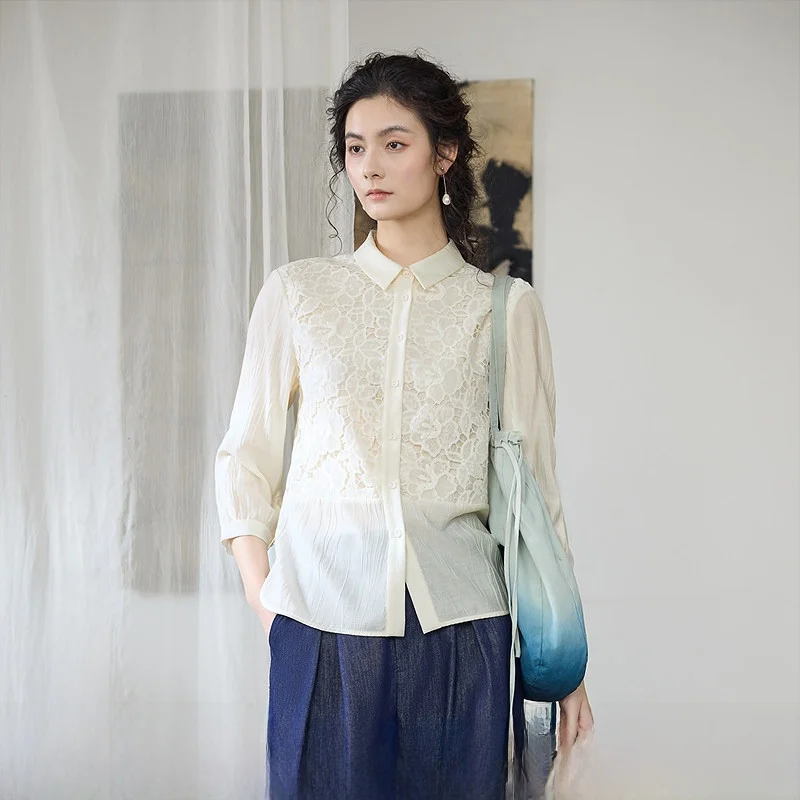 

Женская универсальная блузка Ele с ажурным кружевом, весна 2025, дышащая, с рукавом 3/4 и отложным воротником