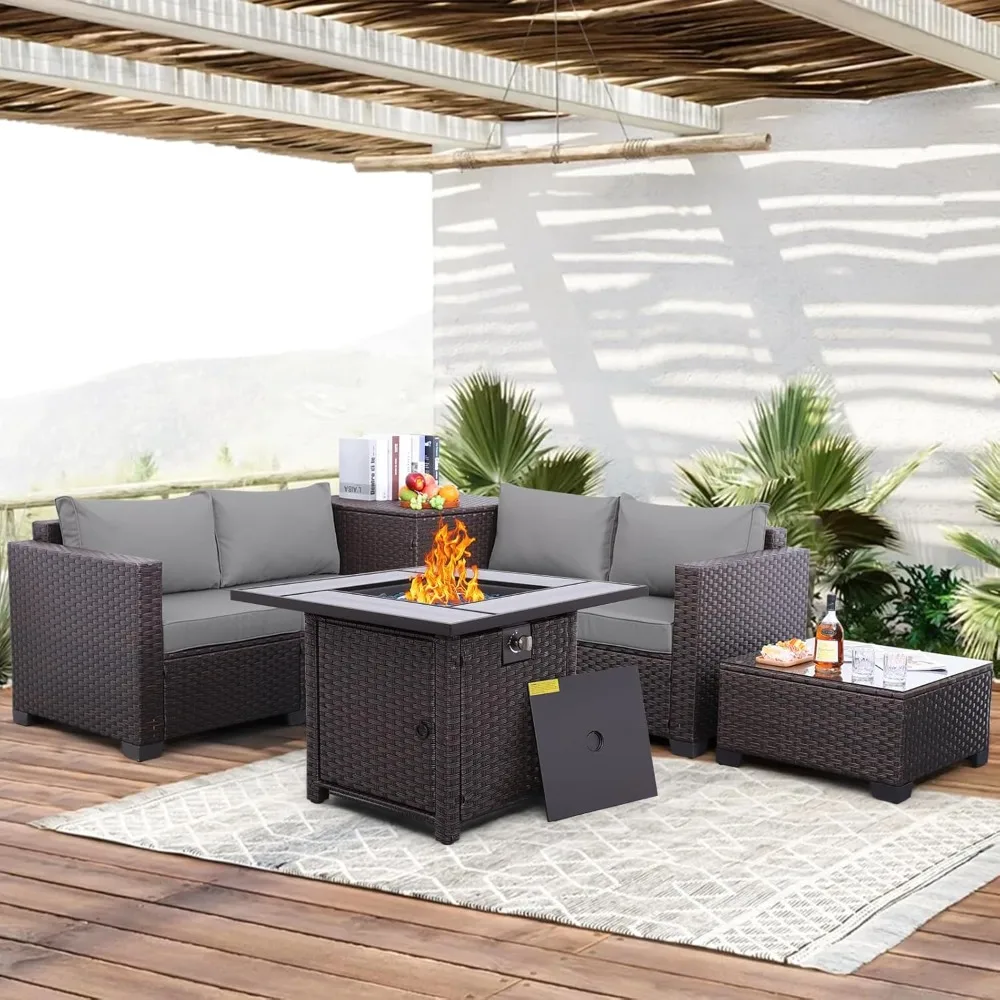 5 Pcs Patio Furniture Set, PE Wicker Outdoor Rattan Sectional Sofa Chair with Storage Bin Coffee Table and Propane Fire Pit