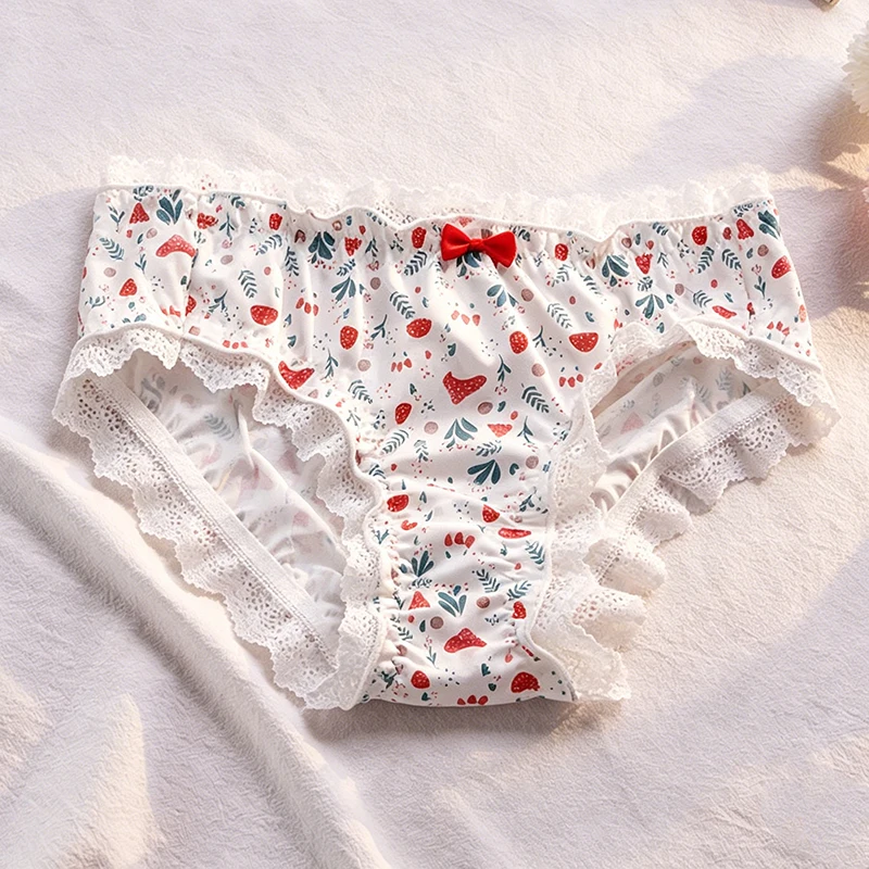 Women'S Cute Rabbit Mushroom Print Panties Soft Stretch Knickers Lace Trim Bow Sweet Casual Briefs Princess Style Underwear