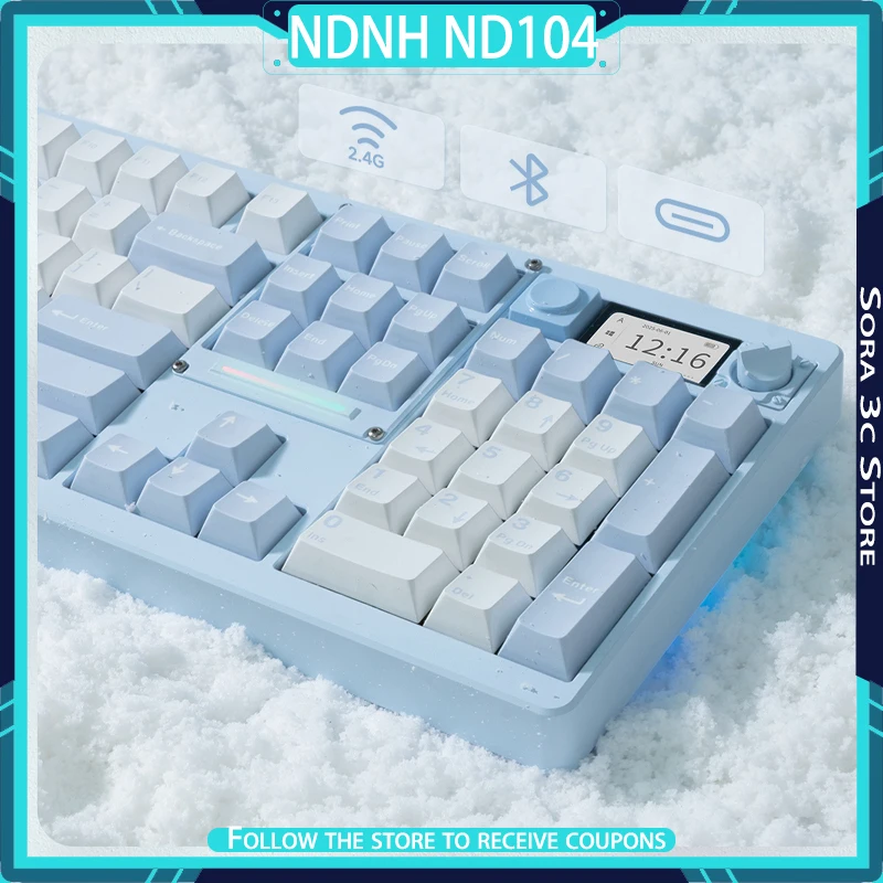 NDNH ND104 لوحة المفاتيح الميكانيكية اللاسلكية ثلاثي الوضع سبائك الألومنيوم مع شاشة ملونة ذاتية الصنع مخصص الألعاب مكتب لوحة المفاتيح مكتب هدية