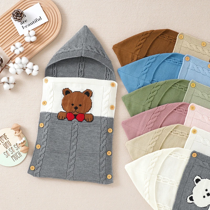 Baby Sleeping Bags Knitted Newborn Girl Boy Sleep Sack Cute Cartoon Bear Infant Toddler Stroller Swaddle 0-6M 75*35CM Gowns Warm