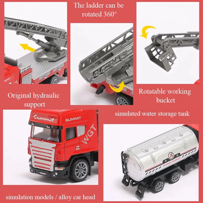 نموذج شاحنة سلم النار ، مدفع المياه ، مركبة السحب الخلفي ، القصور الذاتي ، سيارة معدنية ، البناء ، شاحنات إطفاء المدينة ، الرشاشات ، 1:64