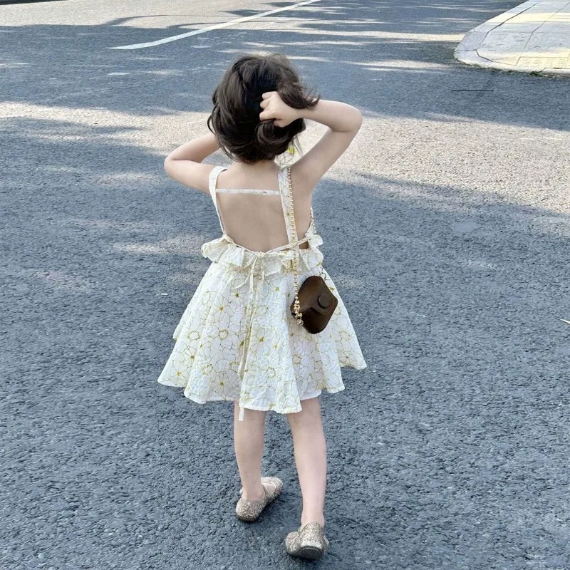 

New Girls Summer Backless Sleeveless Dress Kids Beach Causal Spaghetti Strap Dress Ruffles Floral Party Dress Baby Girl Clothing