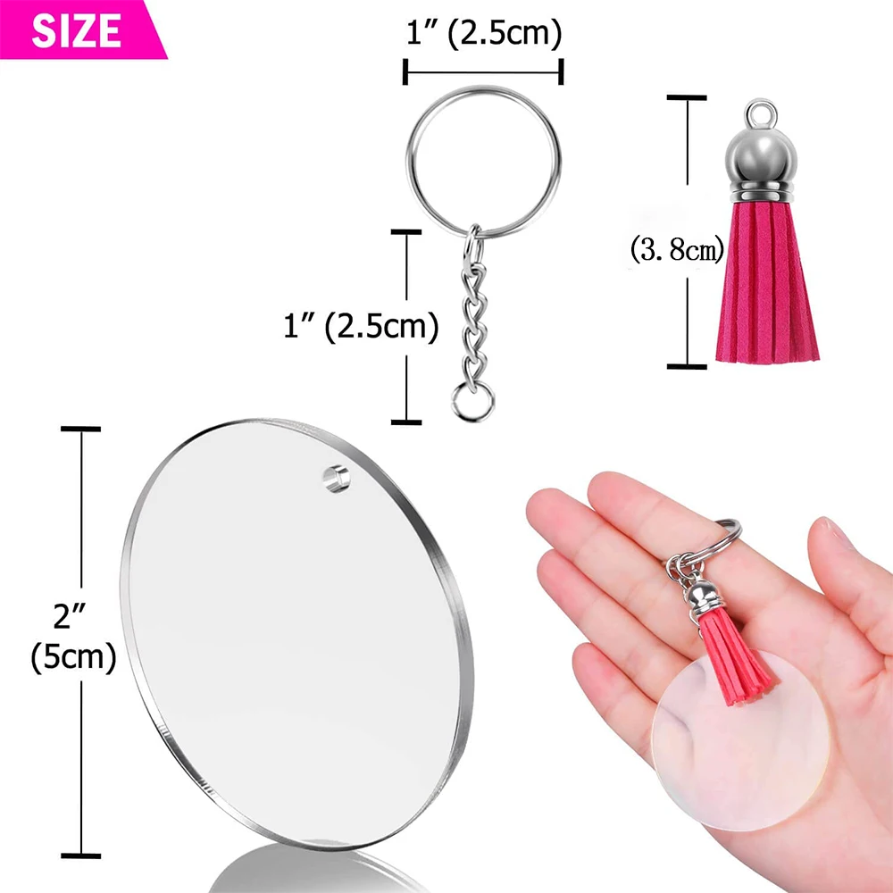 DIY Keychain Multi-coloured Tassel Pendant Round Acrylic Key Chain Metal Keychain Ring Set Wholesale Accessories