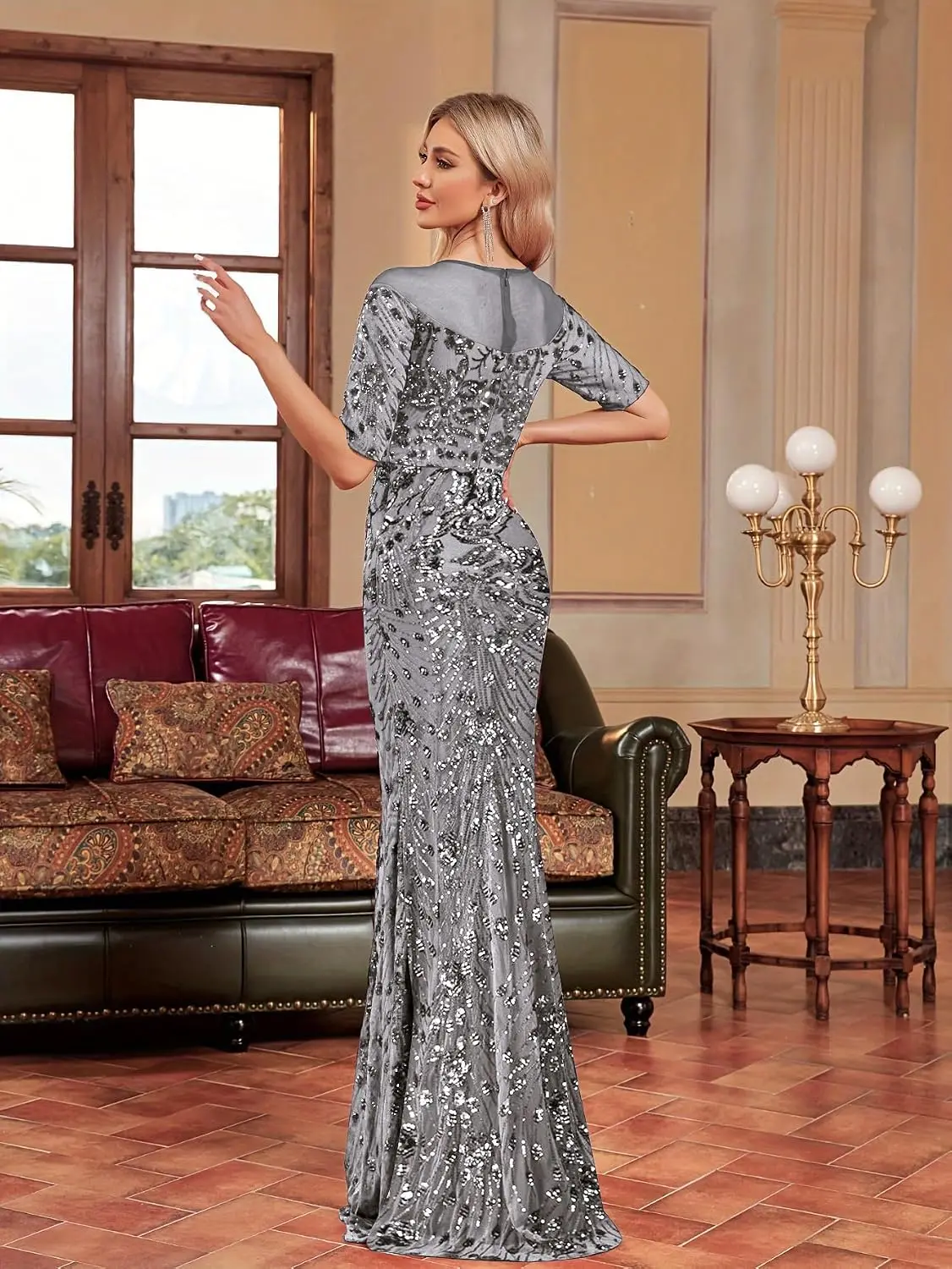 Short Sleeve Glitter Mermaid Evening Dress for Mother of The Bride Patchwork Women's Sequin Formal Gown
