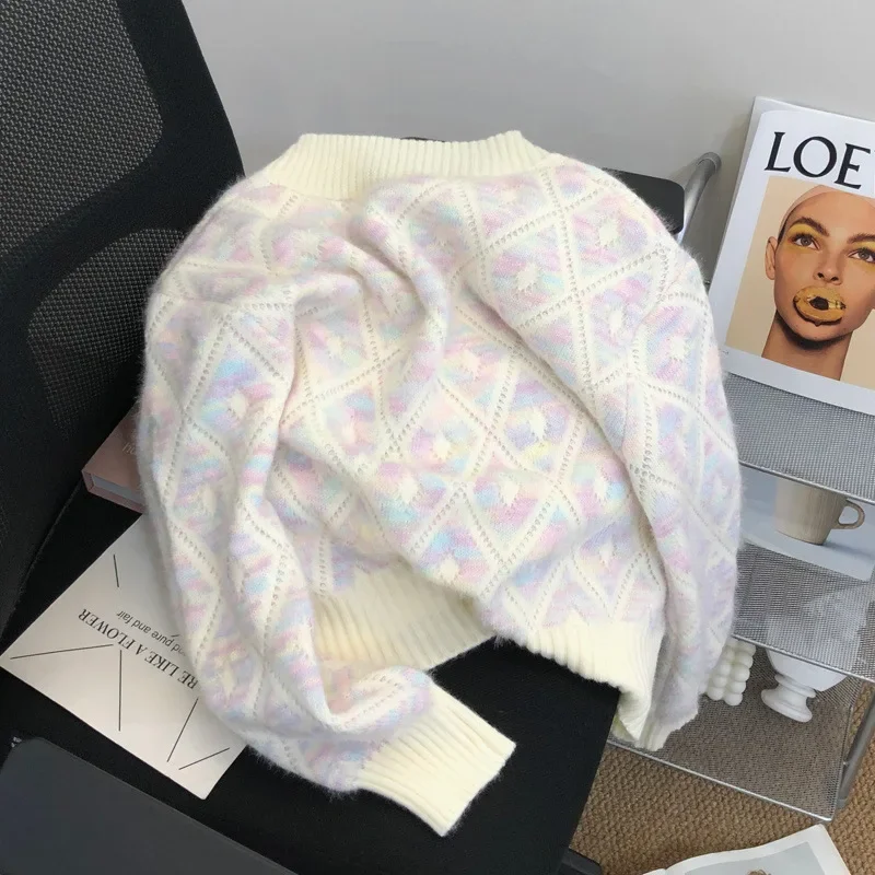 الرجعية تليين Ageless فضفاض المرأة سترة مشغولة من الصوف قصيرة الماس نمط ملابس خارجية الخامس الرقبة كم كامل سترة عادية القمم #6