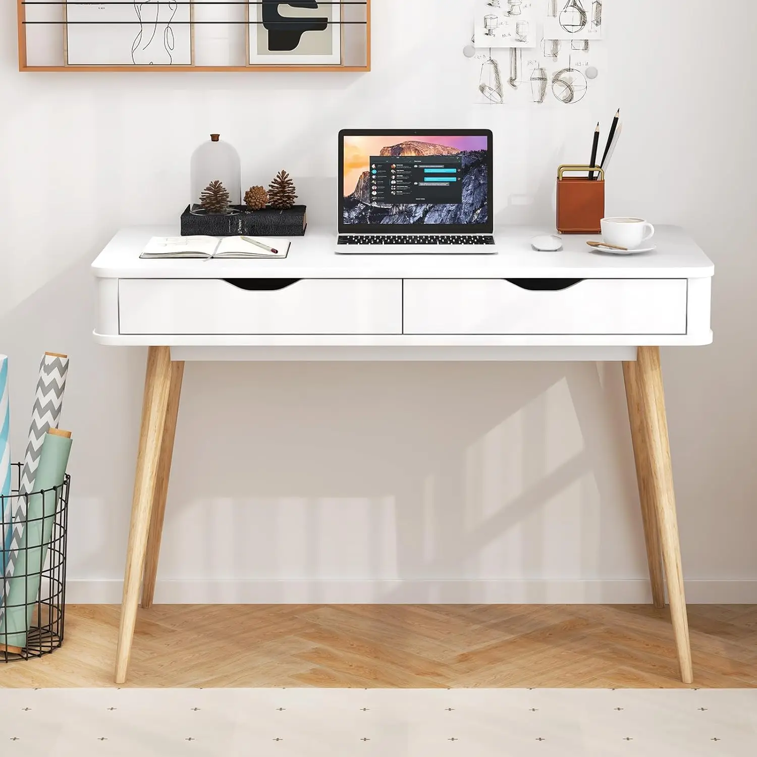 !@Combohome Mid Century Desk with 2 Storage Drawers Modern Writing Study Desk with Rubber Wood Legs