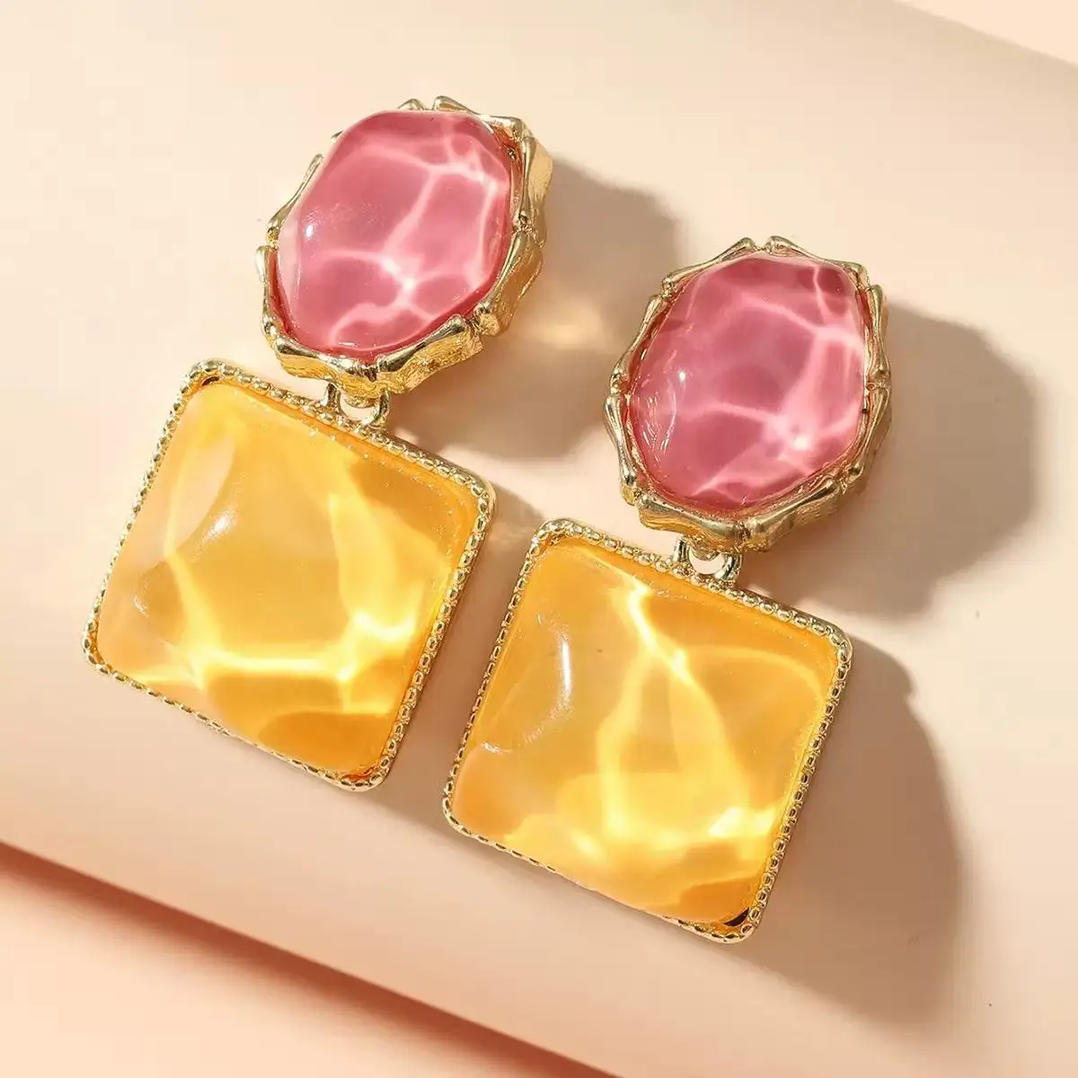 2PCS Fashion Round Square Crystal Stone Pendant Earrings Pink Orange Olive Blue Bright Glass Stone Women's Pendant Earrings Whol
