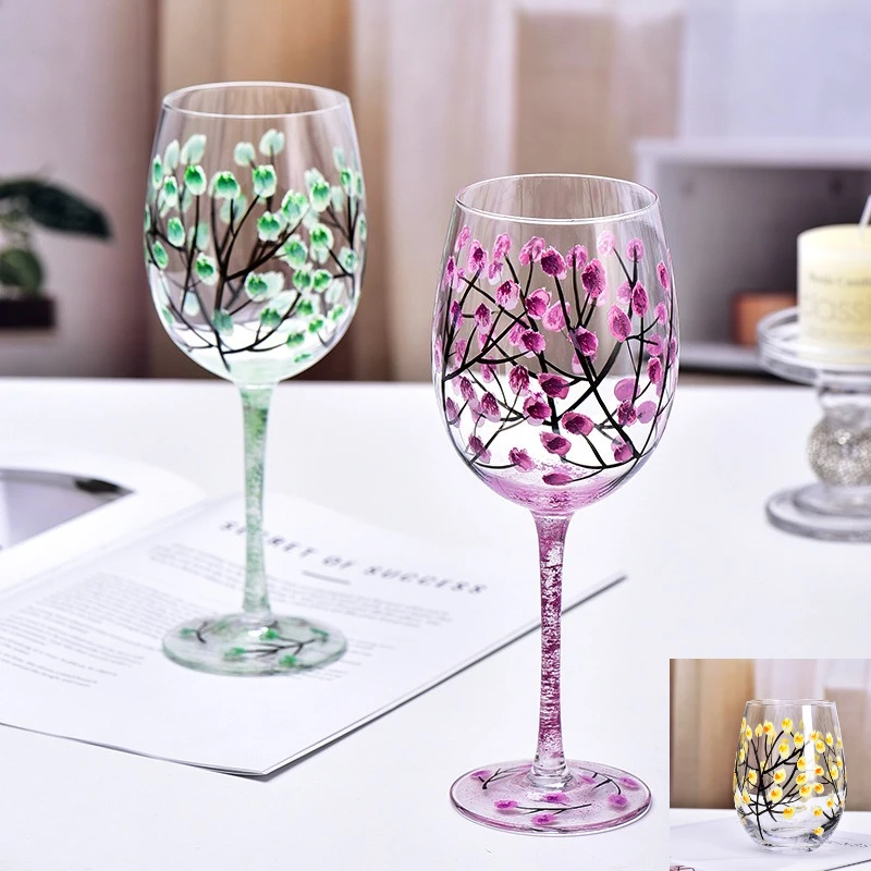 New Creative Hand-painted Glass Cups,Four Season Painted Red Wine Glasses,Rustic High Footed Whiskey Glass,Short Milk Coffee Cup