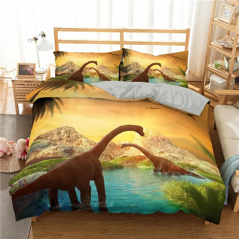 Cute Dinosaur Duvet Cover Wild Animal Bedding Set for Boy Children Polyester 3D Print Dino Quilt Cover Queen/King/Full/Twin Size