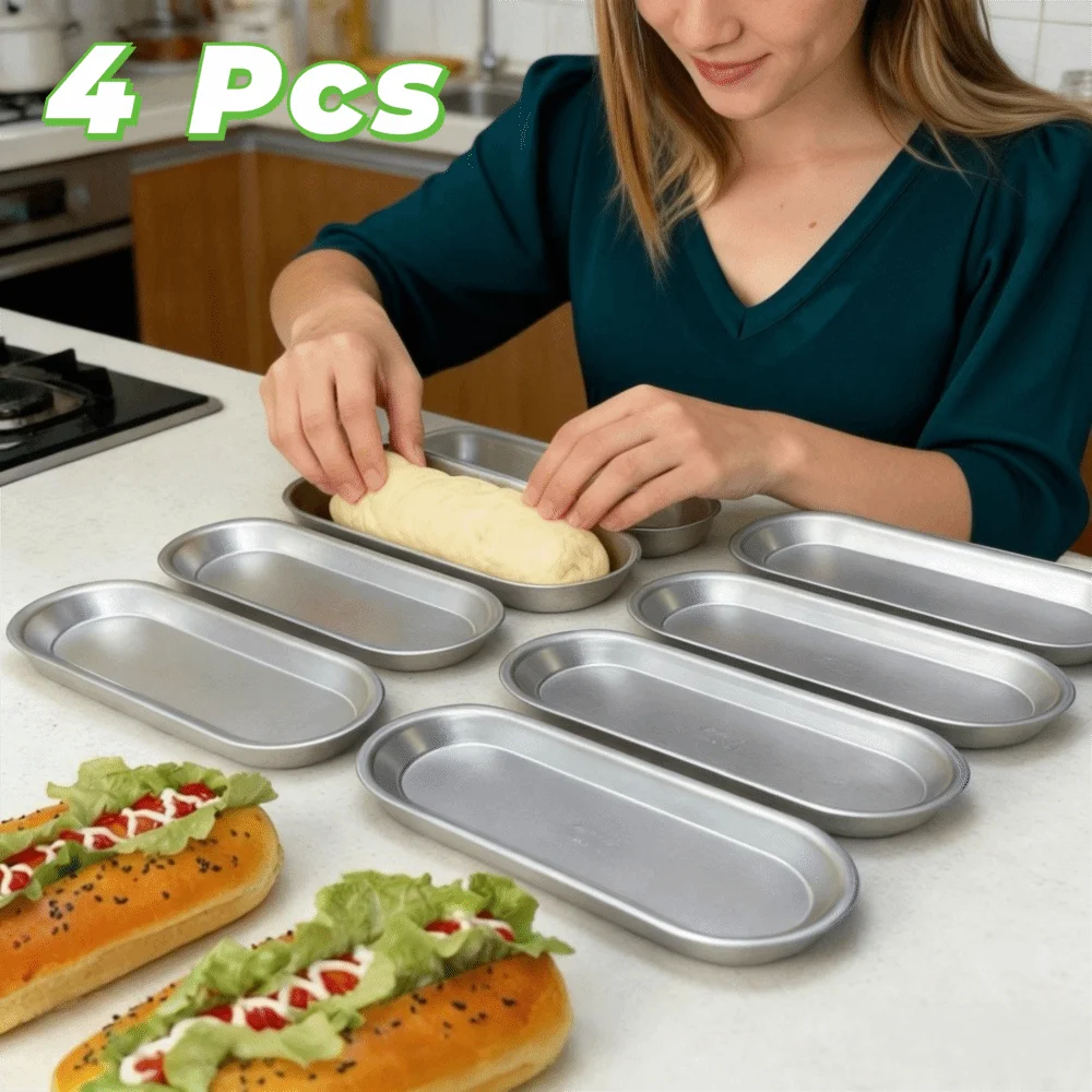 

4PCS Oval Hot Dog Bread Mold Aluminium Alloy Corrosion-resistant Hotdog Bun Pan Non-stick Rapid Heating Sausage Bread Baking Pan