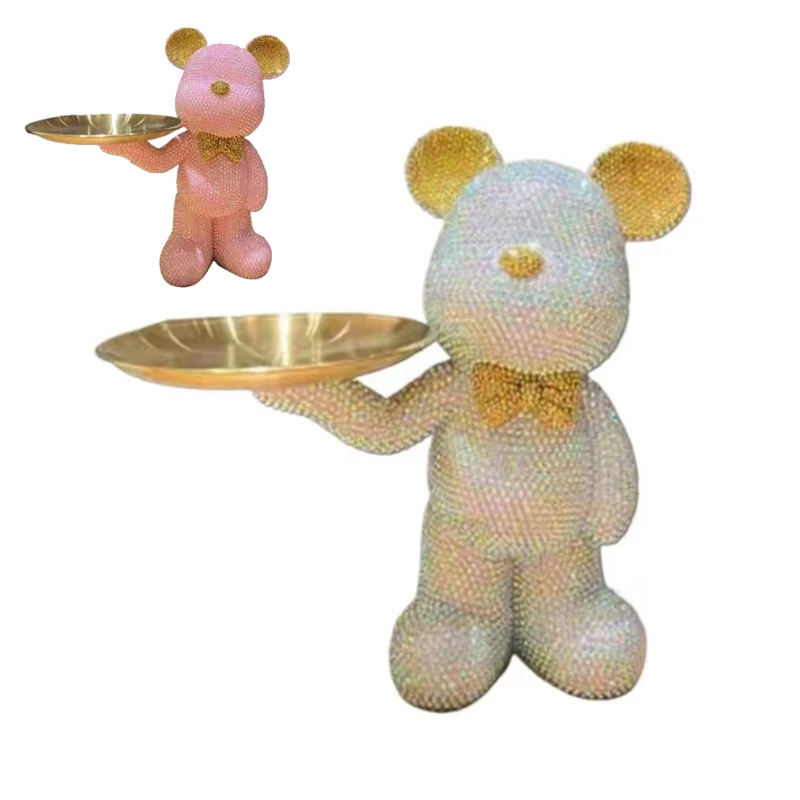 

Elegant Hand-applied Rhinestone Figurine Tray Shiny Standalone Bear Decor Sculpture Key Storage Plate DIY Blinged Home Ornament