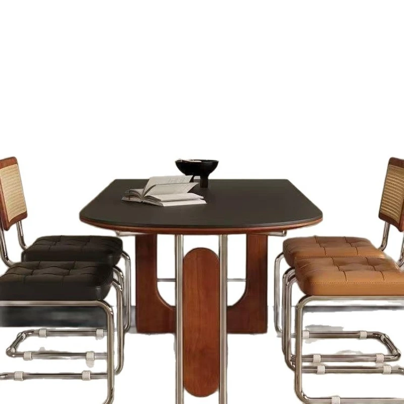 

Retro solid wood rock slab dining table dining table and chairs rectangular household antique small apartment dining table