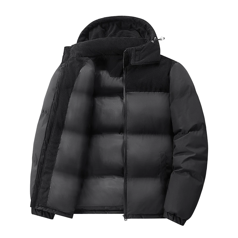 

Windproof Hooded Parka Casual Men Cold-proof Padding Coat Corduroy Male Solid Color Stand Collar Cotton Jacket Men's Cotton Coat