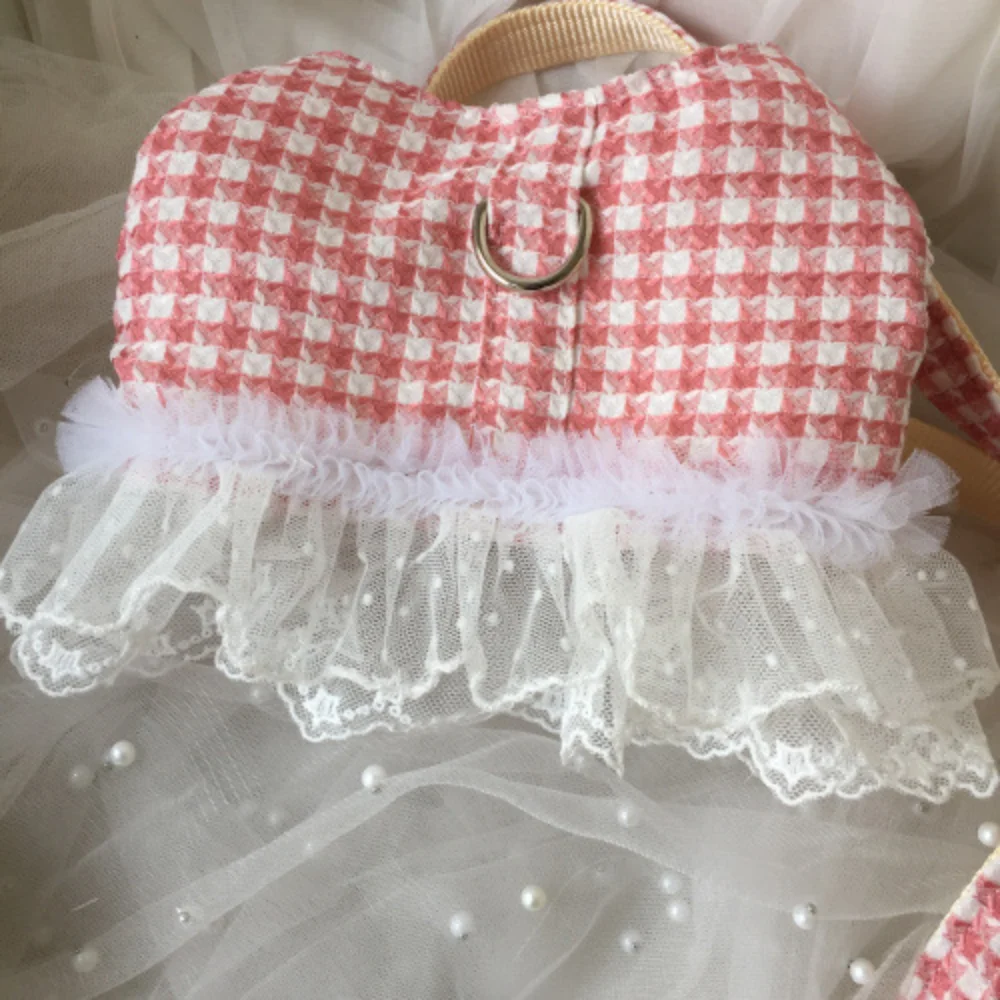 Pet Plaid Chest Back Cute Lace Traction Bichons Teddy Dog Outgoing Chest Back Clothes Small and Medium Dog Cute Dog Harness