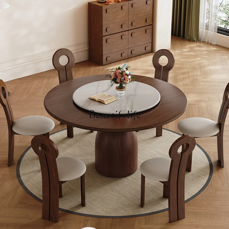 Ash wood all solid wood dining table Small household with turntable Antique round table