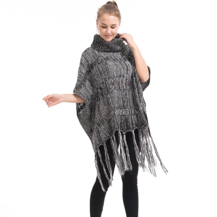 

Autumn Winter High Collar Tassel Warm Knitting Cape Versatile Women Sweater Fashion Street Poncho Lady Capes Gray Cloaks