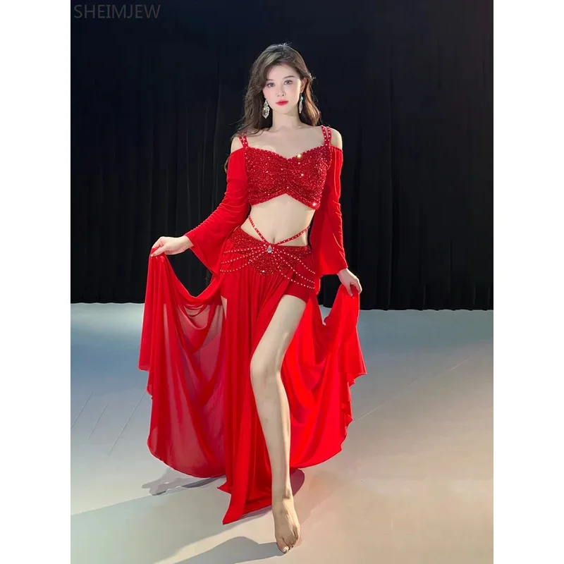 جديد مطرزة شبكة ملابس رقص البطن للنساء طويلة الأكمام أعلى + شاش تنورة طويلة 2 قطعة مجموعة التدريب الرقص الشرقي المرحلة Outfi & J1