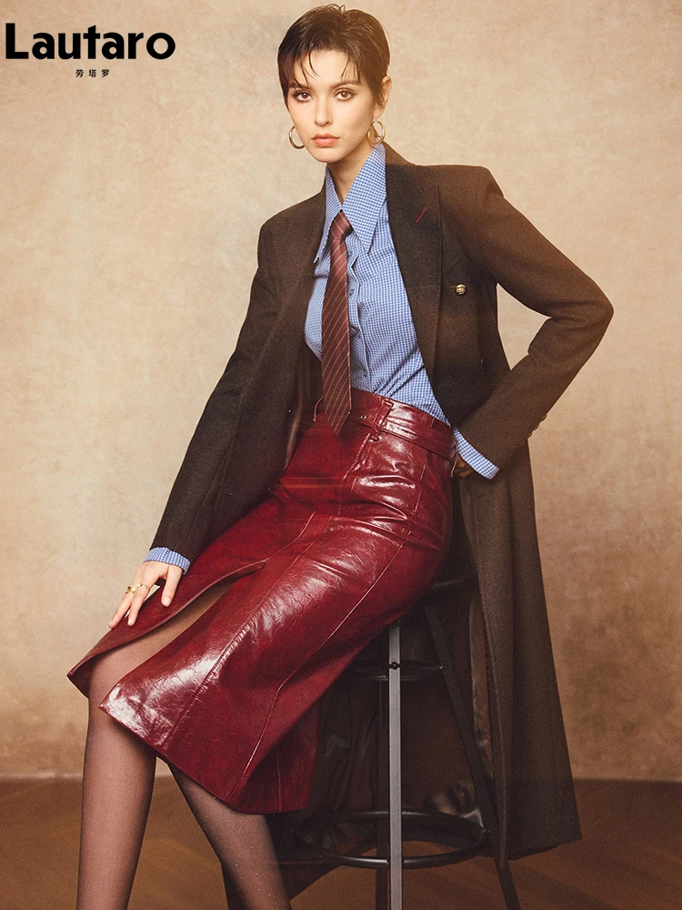 Lautaro Spring Autumn Shiny Reflective Patent Pu Leather Skirt Women with Front Slit Knee Length Elegant Luxury Designer Clothes