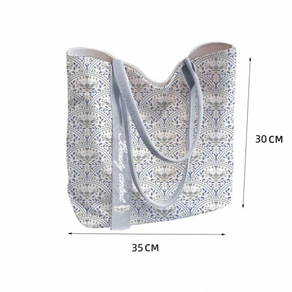 Durable Fan Shaped Floral Fragments Canvas Bag Reusable Large Capacity Shoulder Bag Lightweight Wide Handles Shopping Bag Women