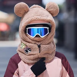 Cubierta de casco de esquí cálida de invierno, gorro de esquí de lana suave, bufanda, calentador de dibujos animados, lindo gorro decorativo de oreja de conejo