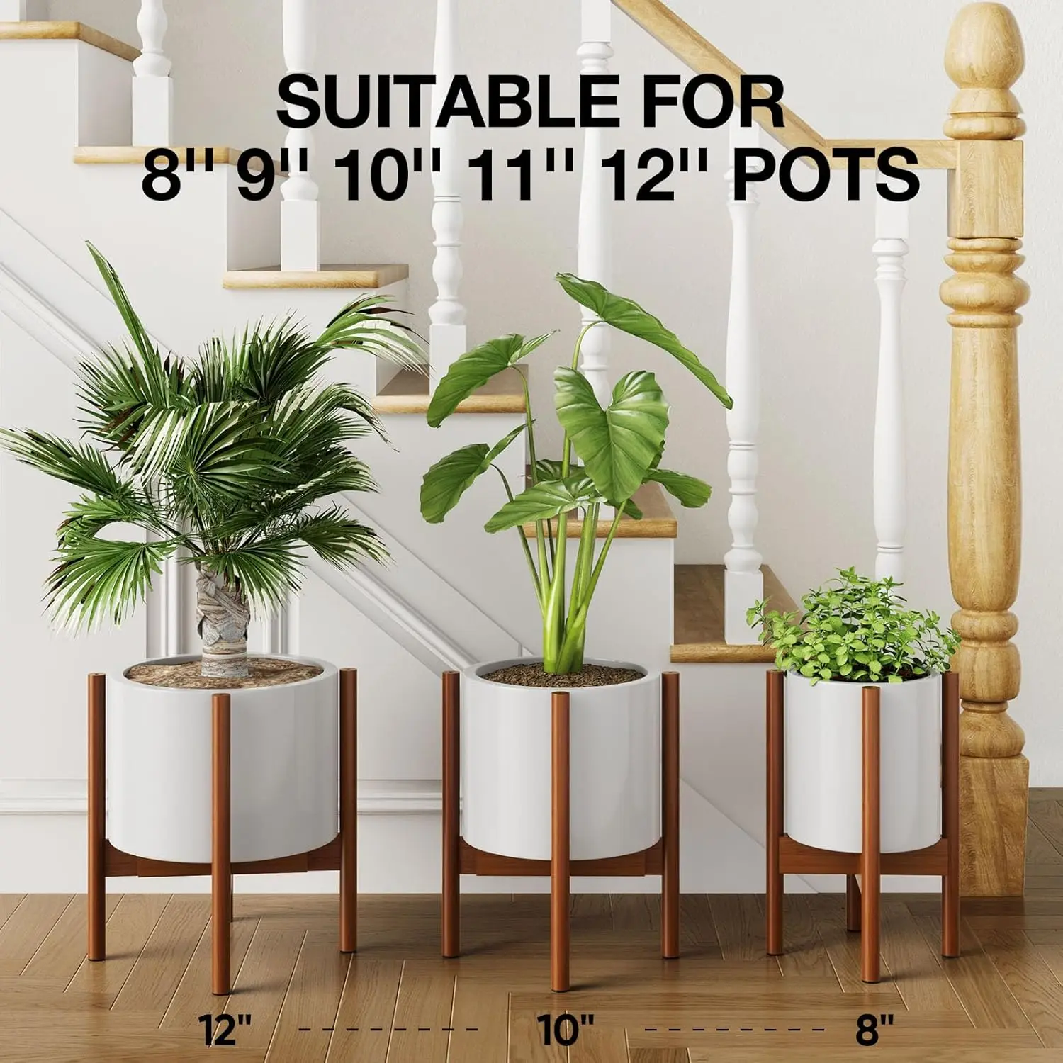 Bamboo Plant Stand for Indoor Plants, Adjustable Width Fits 8-12 Inch Pots, Mid Century Modern Single Tier Floor Holder, Dark view 3