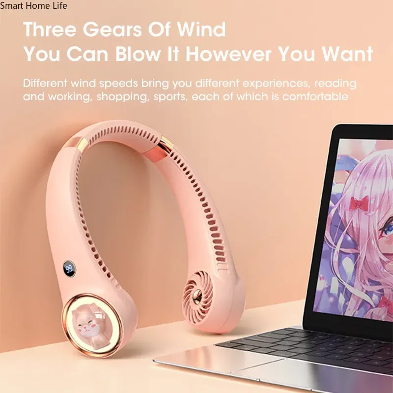 

Bladeless Neck Fan USB Rechargeable Portable 2000mAh Digital Display Mini Cute Cat for Travel Office Outdoor