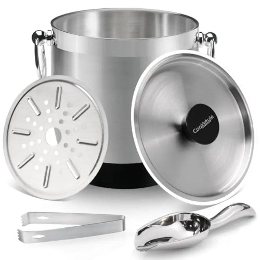 

Double-Wall Stainless Steel Insulated Ice Bucket With Lid and Ice Tong [3 Liter] Included Strainer Keeps Ice Cold and Dry Home