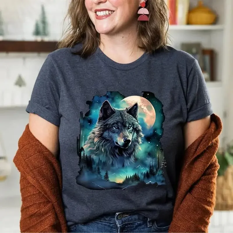 Grey Wolf Hunting Grounds Icy Moon Forest Galaxy T Shirt