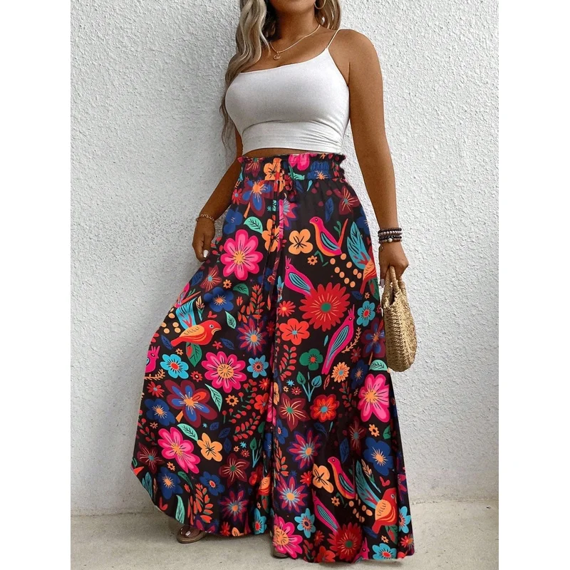 MOXDO Plus-size fashion casual lightweight comfortable beach vacation style printed plus-size cover-up pants，Suitable for seasid