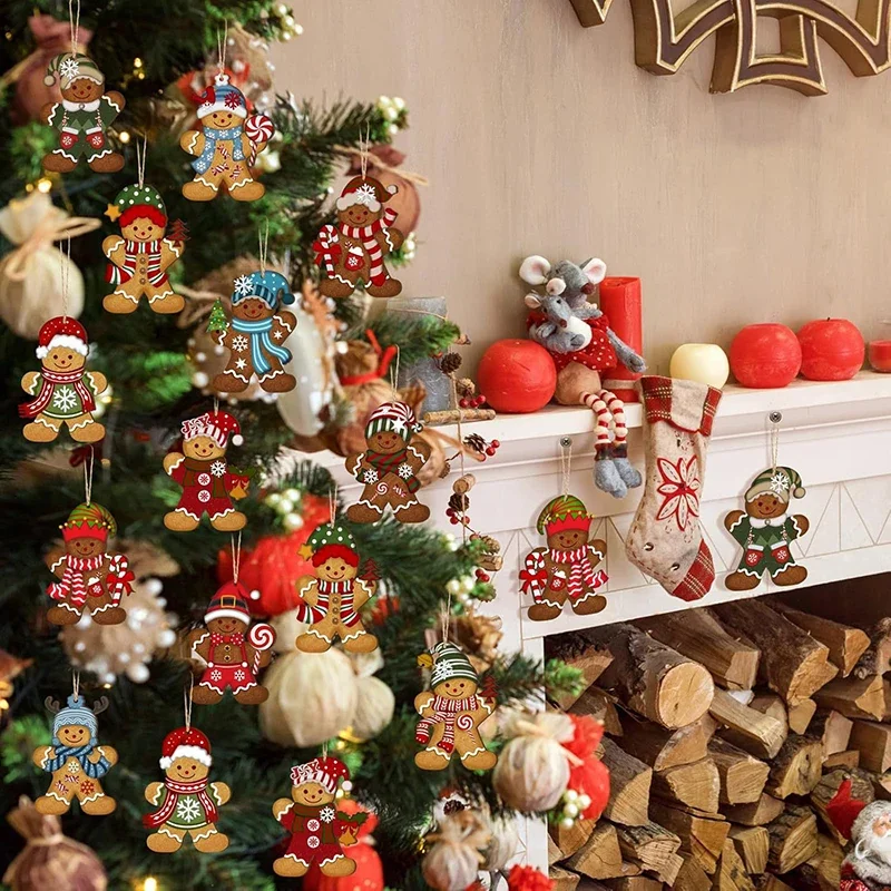 12pcs Christmas Wooden Pendants Gingerbread Man Xmas Tree Hanging Oranment 2024 Noel Navidad Decorations for Home New Year Gift