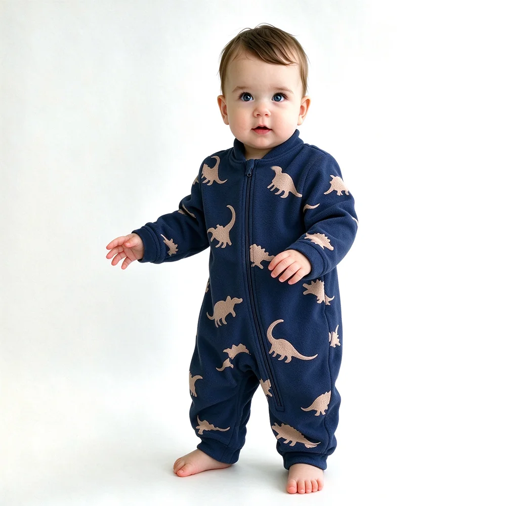 Baby Fleece Romper Newborn Footed Jumpsuit Zipper Warm Sleepwear Cartoon Print Infant Pajamas