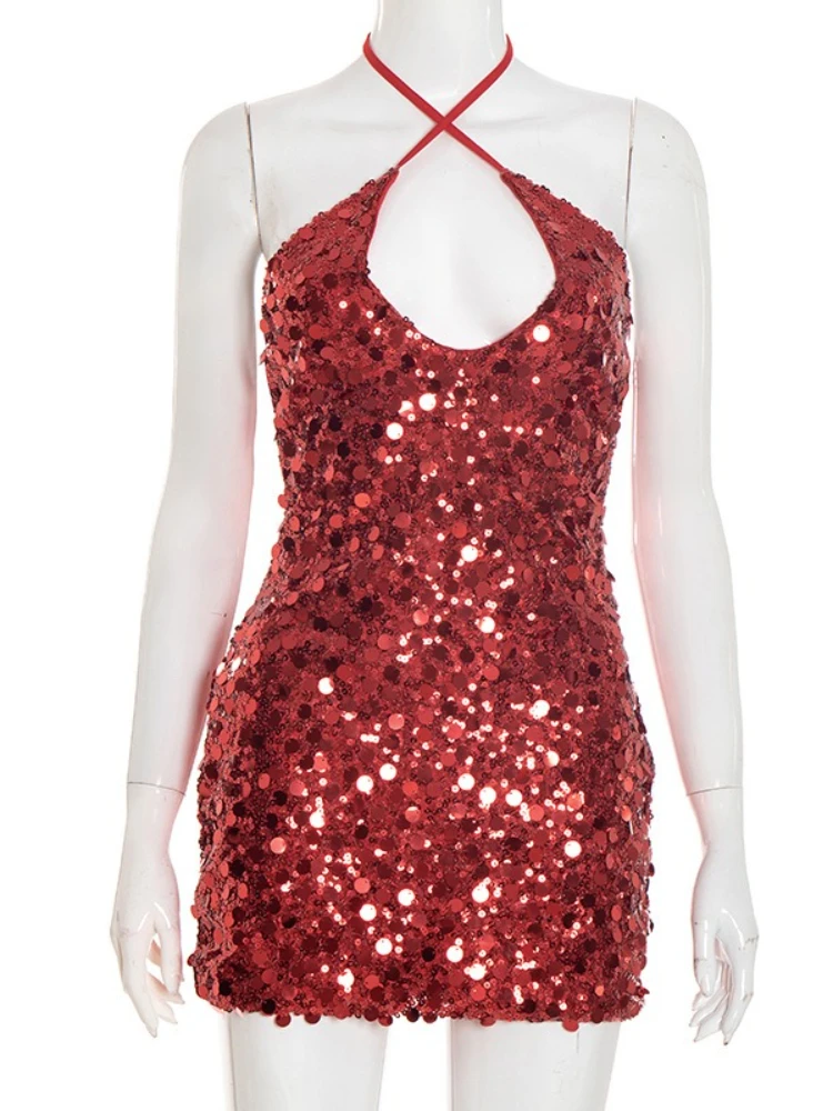 FDYOUI-vestido Sexy de noche con lentejuelas y cuello Halter para mujer, vestidos de fiesta brillantes sin mangas y espalda descubierta, vestidos de boda negros y rojos