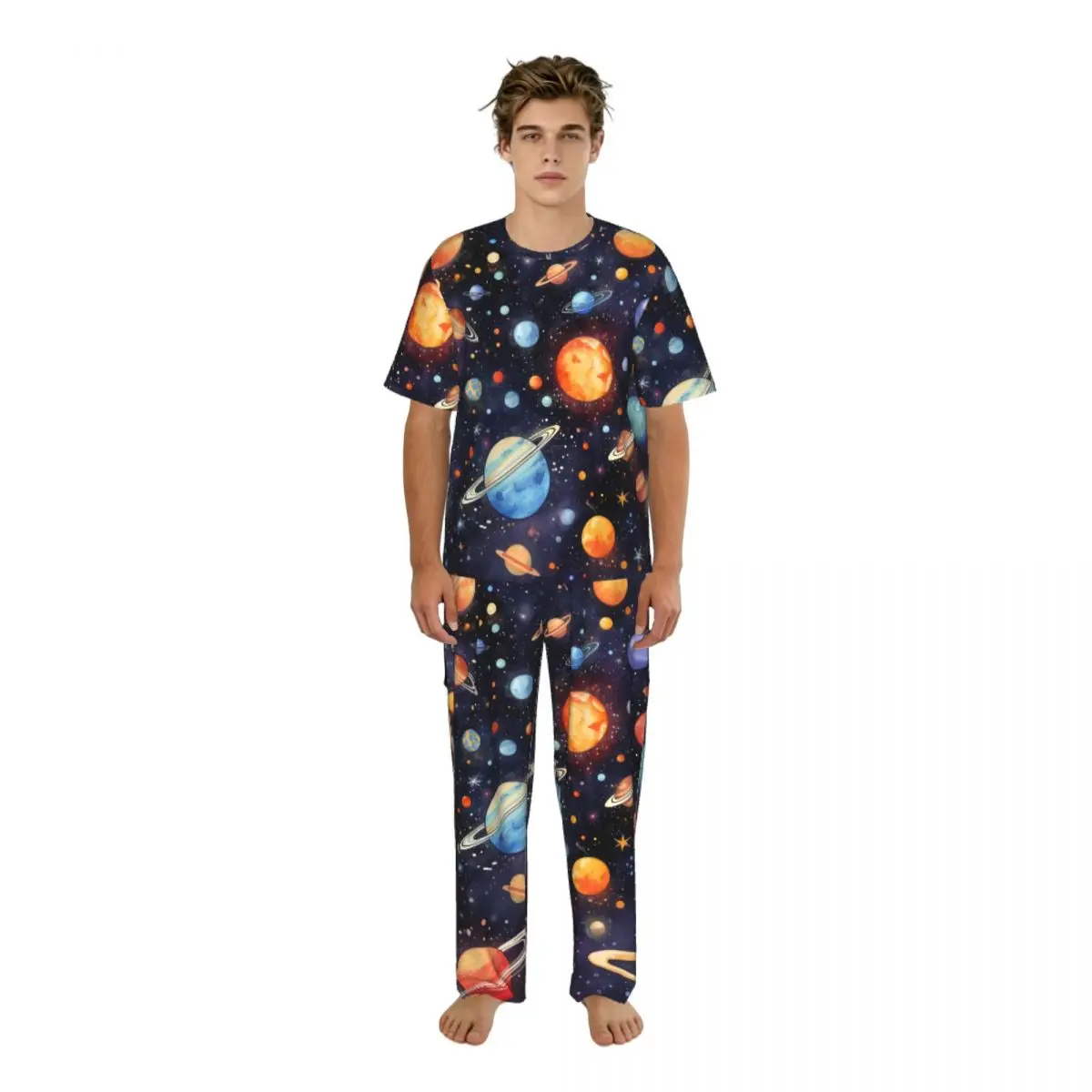 

Мужской пижамный комплект с узором в виде звезд и галактик, с короткими рукавами, весенне-летняя одежда для отдыха, мужская ночная одежда
