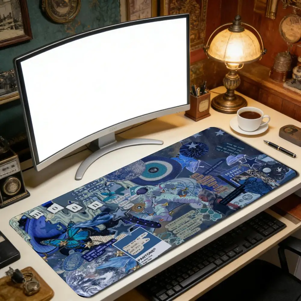 Dark Blue Moon Star XXL Gaming Mouse Pad Non-Slip Rubber Overlocked Deskmat Astronaut Butterfly Floral Keyboard Game Table Mats