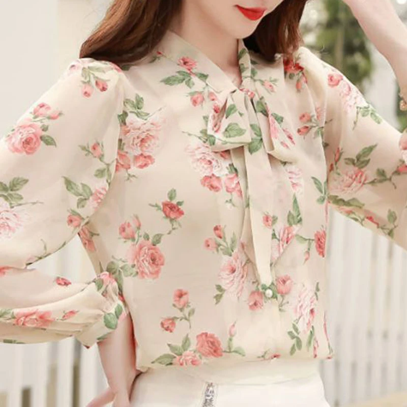 Spring Autumn Women\'s Bow Lace Up Floral Print Button Up Shirt Korean Fashion Sweet Elegant Blouse Chic Long Sleeve Tops Blusas