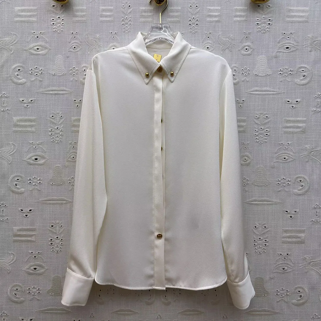 

Элегантная модная однотонная ацетатная рубашка для женщин с отложным воротником, длинными рукавами, золотыми пуговицами, свободного кроя, в винтажном стиле, шикарная блузка
