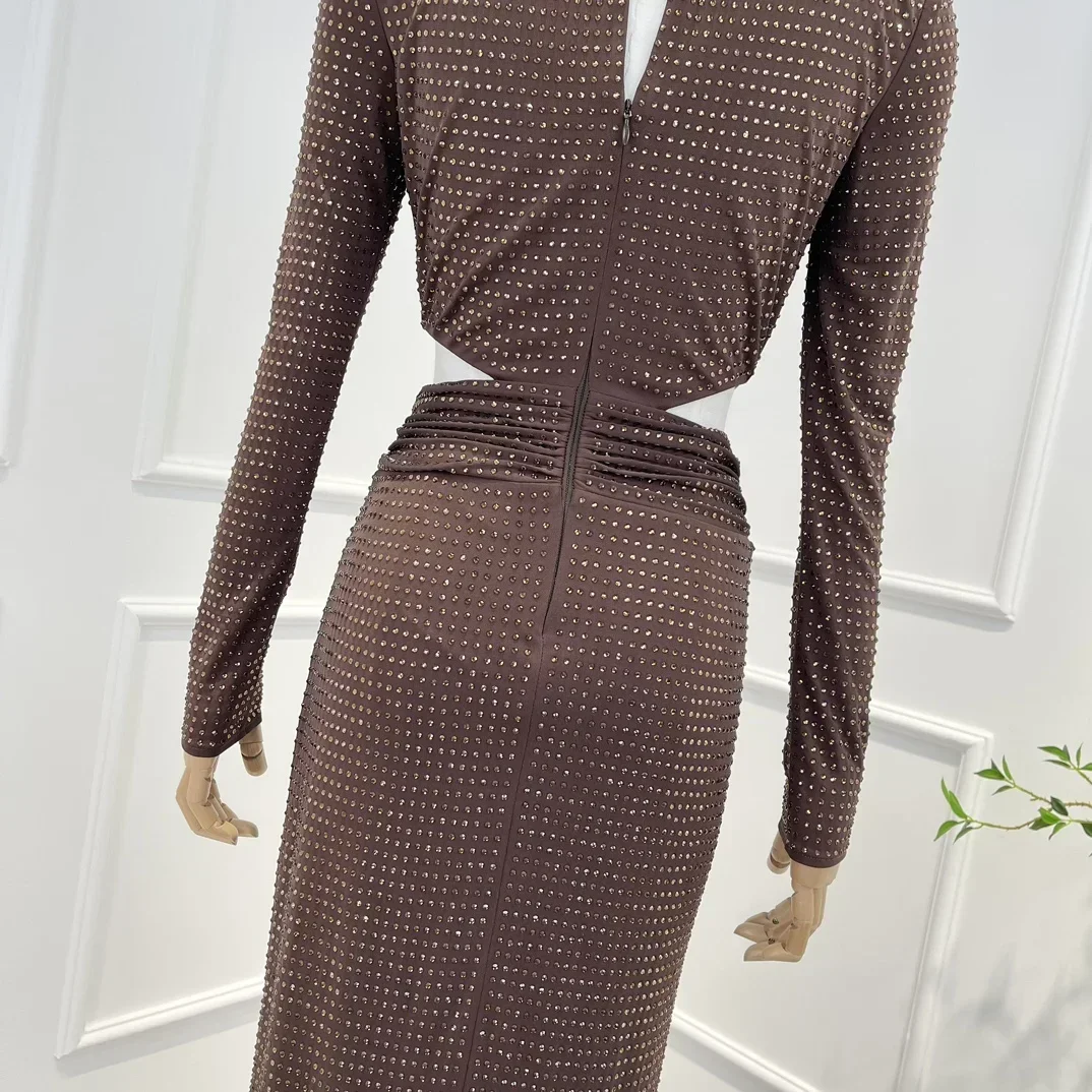 2022 New Collection Vintage Coffee Brown Slim Fit Cut Out Long Sleeve Diamonds Midi Dress