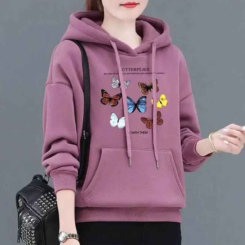 Women's Butterfly Printed Sweatshirts Casual Hooded Autumn Winter Thick Stylish Drawstring Pockets Korean Pullovers New E3468