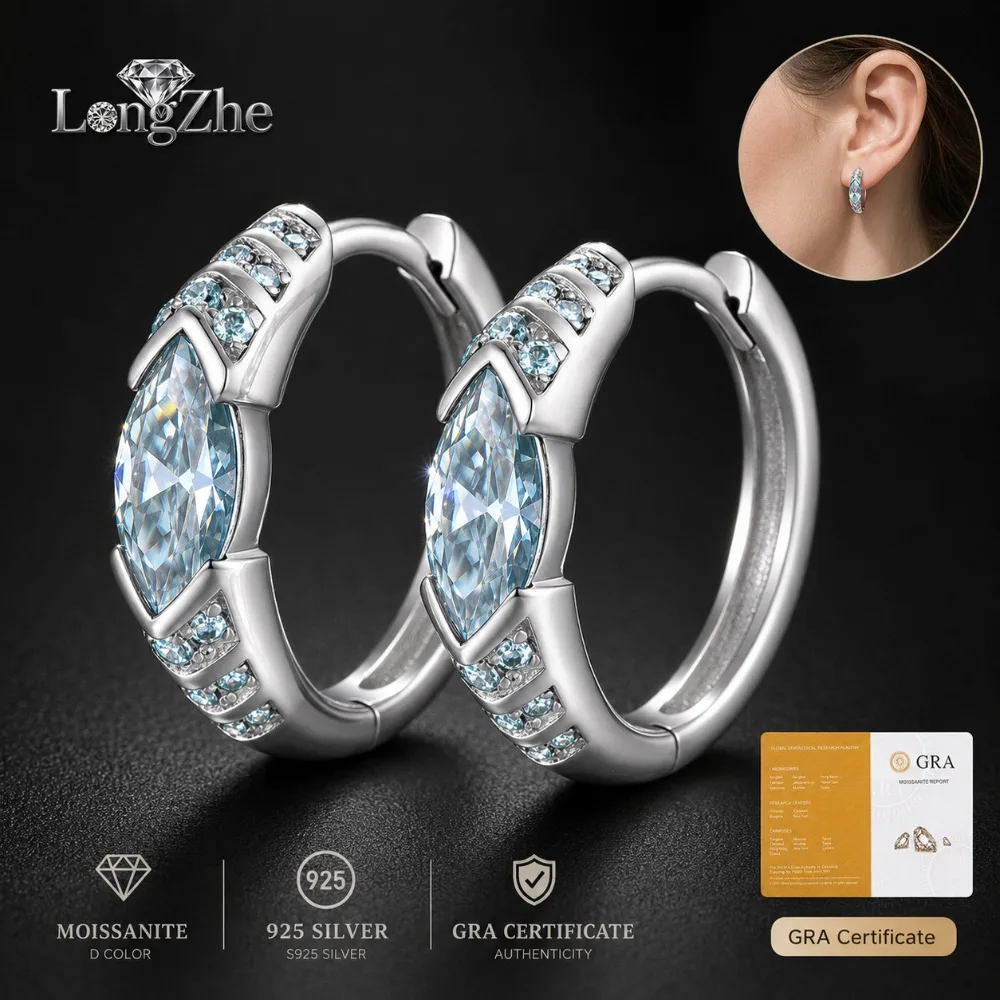 

Blue Moissanite Hoop Earrings S925 Sterling Silver Marquise Cut Pave Hoops Unisex Wedding Anniversary Gift