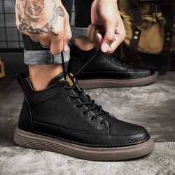 Spring Boots Ankle Boots Outdoor Leather High Quality High-waisted Shoes Sports Thick Sole Men Boots Elastic Strap Casual Shoes