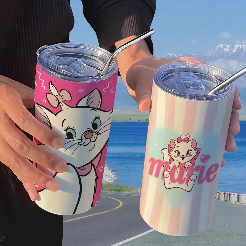 Disney Marie Cartoon Girl Heart Stainless Steel Insulated Straw Coffee Cup Student Portable High-Looking Cup Best Friend Gift