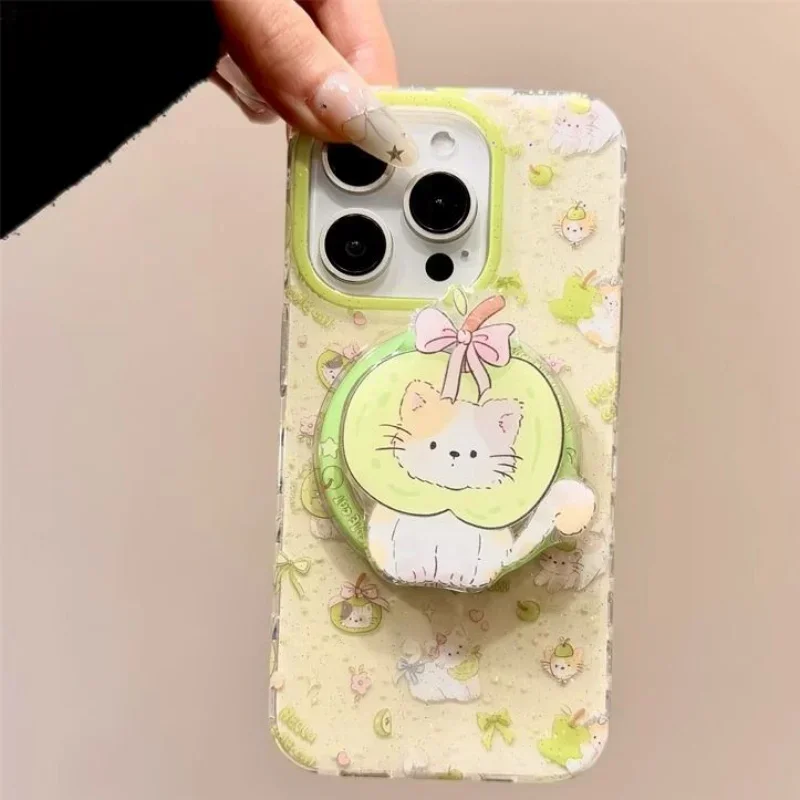 Magnetic Cute Apple Green Kitten Griptok Suitable for iPhone 17 16 Pad Magsafe Smart Stand Magnetic Phone Stand