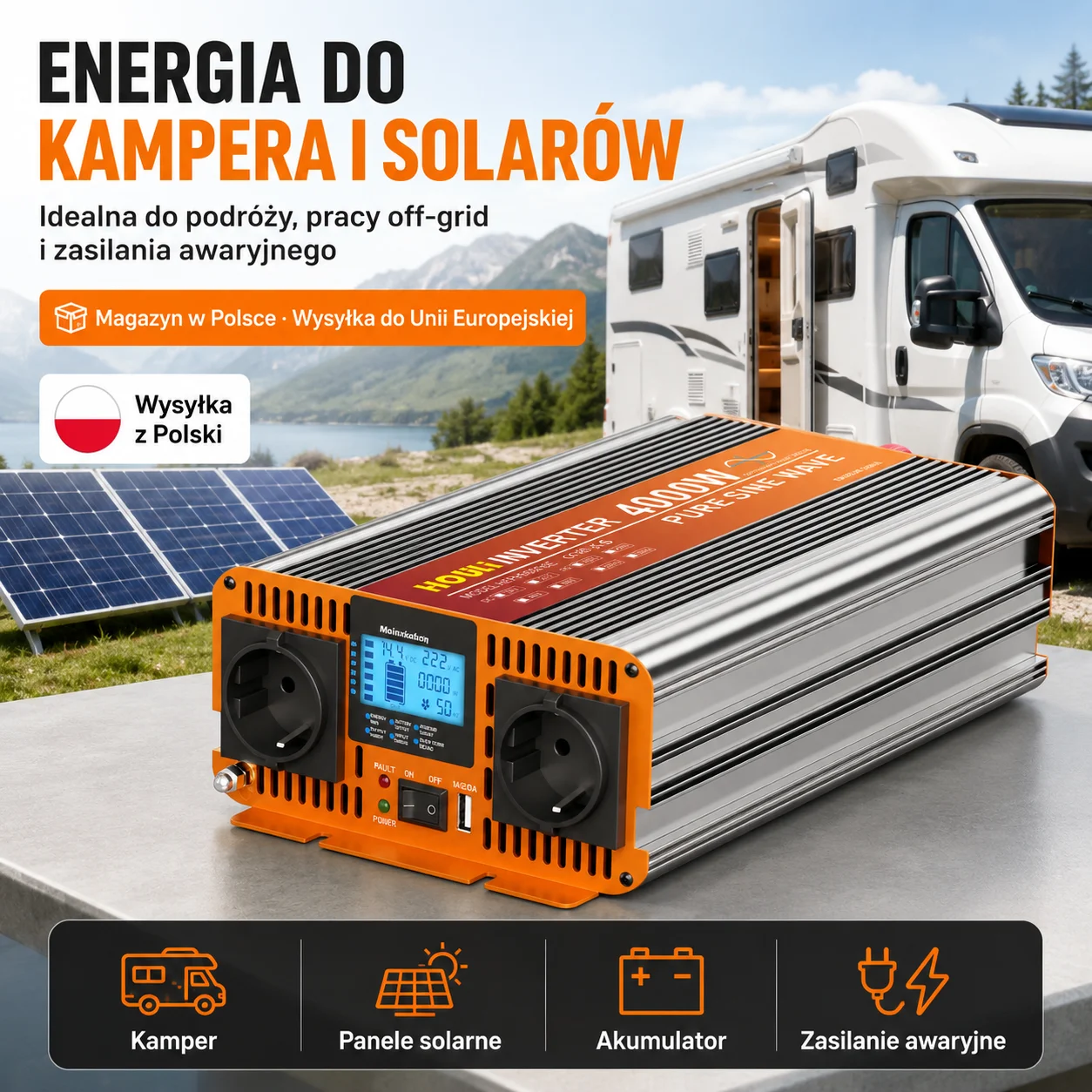 Image of HOULI Wechselrichter 12V/24V 230V Reiner Sinus-Wechselrichter 12V auf 230V LCD-Fernbedienung für Wohnmobil Auto Solarsystem