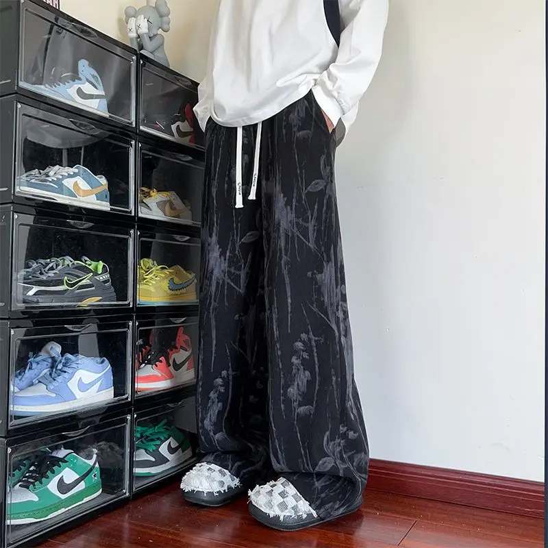 

New Chinese Sle Watercolor Print Men's Straight Leg Pants Casual Loose Versatile Long Trousers Vintage Dra Wide Leg Pants
